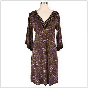 Michael Kors Brown Purple Paisley Print Stretch Jersey Studded Tunic Dress S